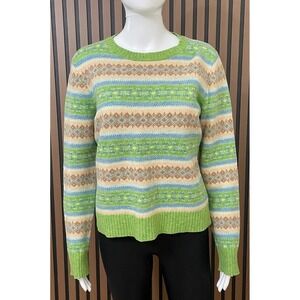 Quest‎ Women's M 100% Wool Sweater Green Blue Fair Isle Stripe Vintage Retro